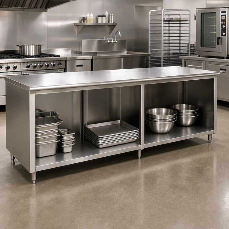 Product image #2 for Advance Tabco 144" x 24" Open Front Cabinet Base Stainless Steel Work Table with 14-Gauge 304 Top