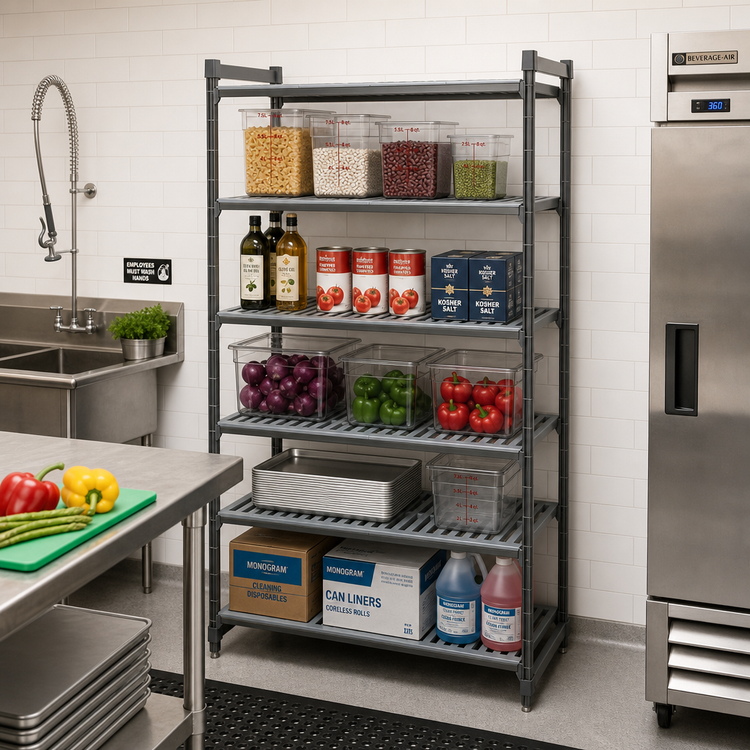 Product image #2 for Cambro Camshelving Basics Plus 5-Tier Stationary Starter Shelving Unit, 42" W x 18" D x 84" H, Vented, Brushed Graphite