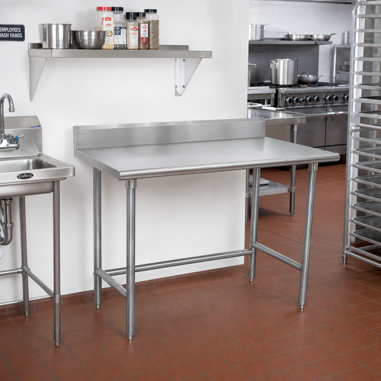 Product image #2 for Advance Tabco Special Value Series 48" x 30" 16-Gauge 430 Stainless Steel Work Table with 5" Backsplash and Open Galvanized Base