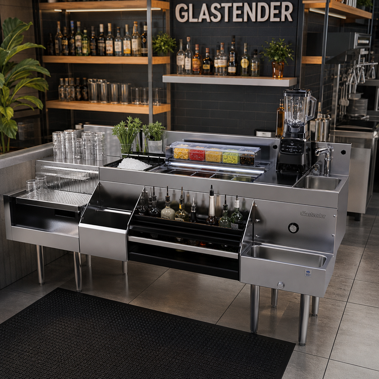 Product image #2 for Glastender 66-Inch All-In-One Underbar Ice Bin Cocktail Station with 10-Circuit Cold Plate, Blender Shelf, Sink, and Speed Rail