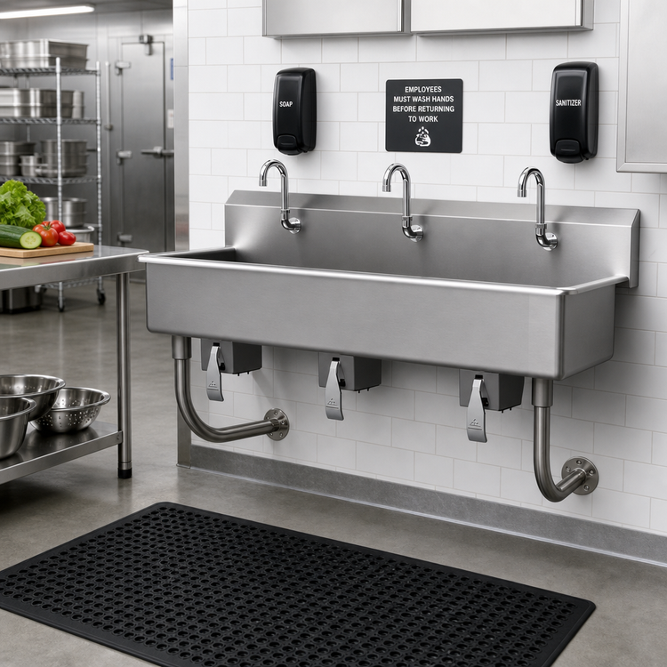 Product image #2 for Advance Tabco 60-Inch 3-Station Wall Mounted Knee Operated Hand Sink, 16 Gauge 304 Stainless Steel