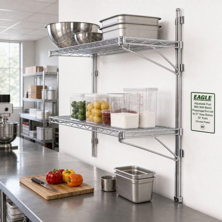 Product image #2 for Eagle Adjustable Post Wire Wall Mount Prepackaged End Unit for 21-Inch Deep Shelves, 33-Inch Posts, Chrome Plated