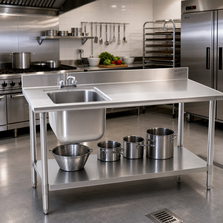 Product image #2 for Eagle Group Deluxe 96-Inch 304 Stainless Steel Work Table with Left-Side Sink, Backsplash, and Undershelf