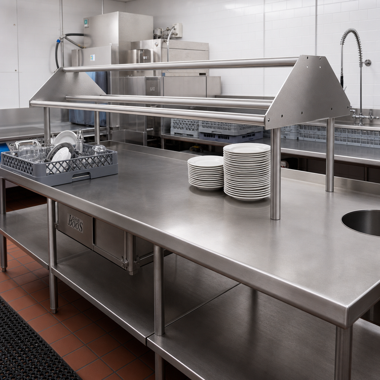 Product image #2 for John Boos 108-Inch Double-Sided Tubular Stainless Steel Sorting Shelf for Soiled Dish Tables