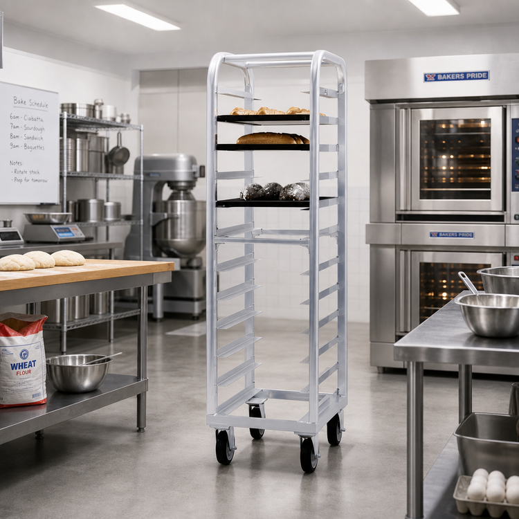 Product image #2 for New Age Lifetime Series Heavy-Duty Aluminum End-Loading Bun Pan Rack with Casters, 12 Pan Capacity