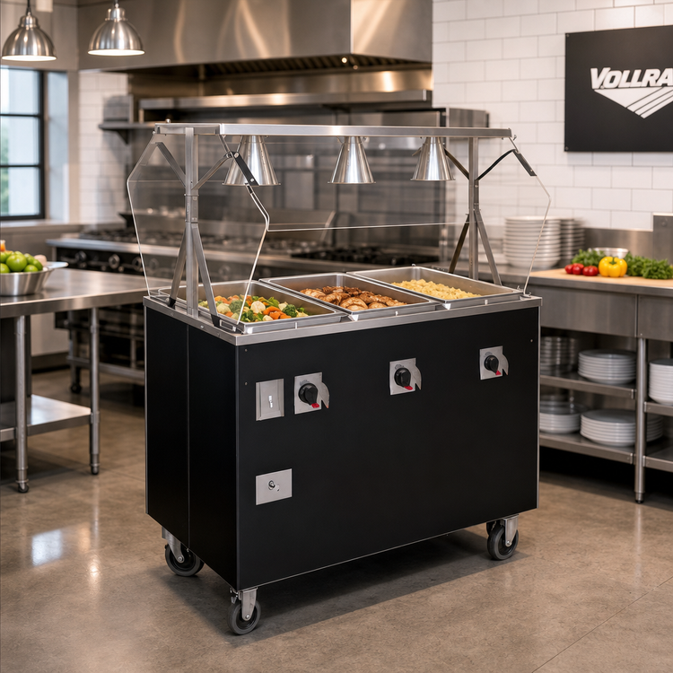 Product image #2 for Vollrath 2-Series 46-Inch 3-Well Mobile Hot Food Station with Buffet Breath Guard and Enclosed Storage Base