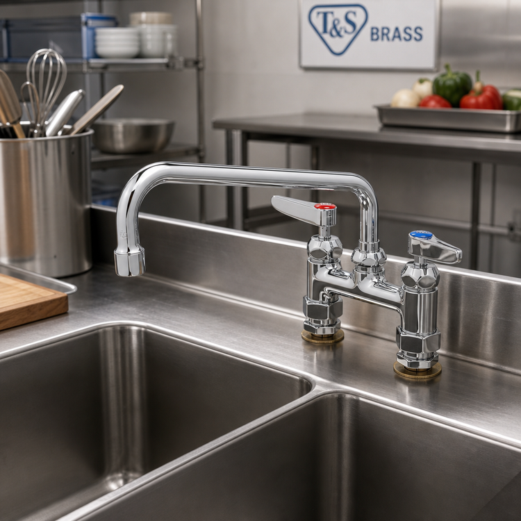 Product image #2 for T&S Brass Double Pantry Deck-Mount Mixing Faucet with 12-Inch Swivel Spout