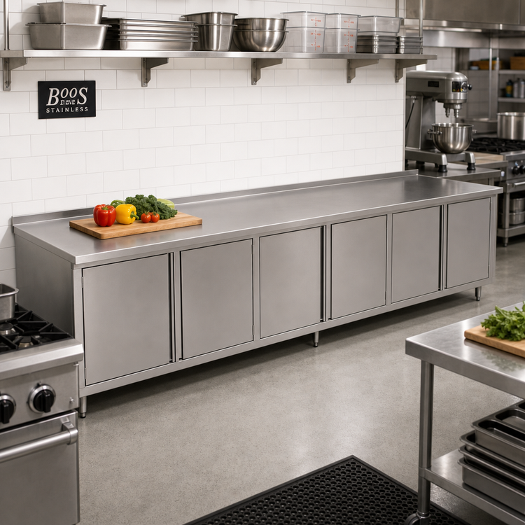 Product image #2 for John Boos 144" x 36" 14-Gauge Stainless Steel Cabinet Base Work Table with Hinged Doors and 1-1/2" Rear Up-Turn