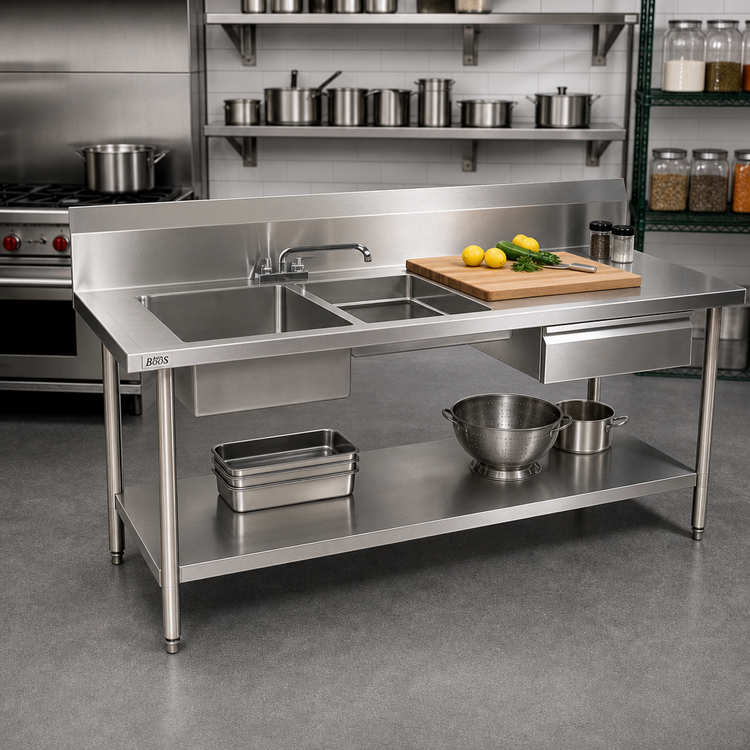 Product image #2 for John Boos 72-Inch 2-Compartment Sink Prep Table With Left-End Sinks, Drawer, and Cutting Board