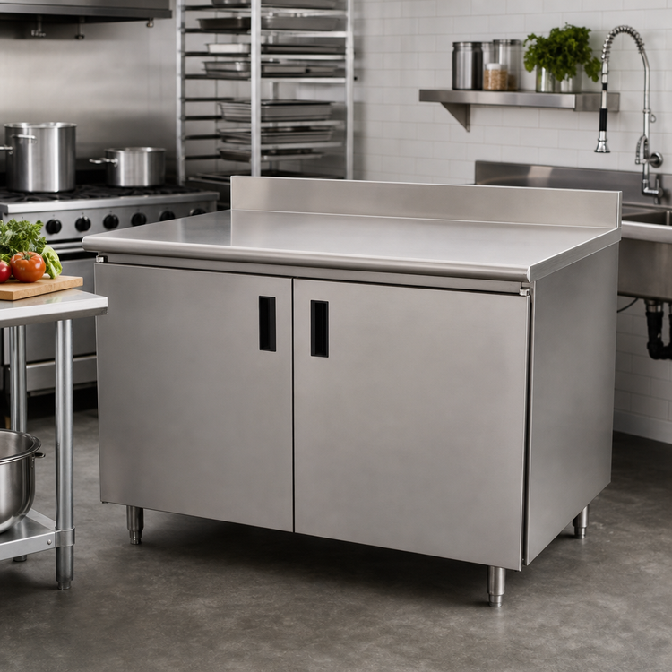 Product image #2 for Advance Tabco Special Value Economy Enclosed Work Table with Sliding Doors, 96 x 24 Inch, 16-Gauge 304 Stainless Steel Top, 5-Inch Backsplash