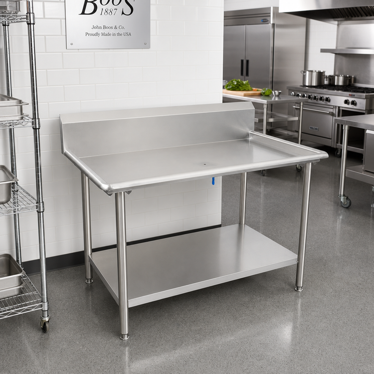 Product image #2 for John Boos Stainless Steel Sorting Table with 10-Inch Backsplash, Undershelf, and Adjustable Bullet Feet, 72-7/8-Inch x 30-3/8-Inch