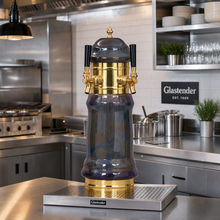 Product image #2 for Glastender Rembrandt 2-Faucet Air-Cooled Draft Dispensing Tower with Surface-Mount Drain Pan, Polished Brass Finish