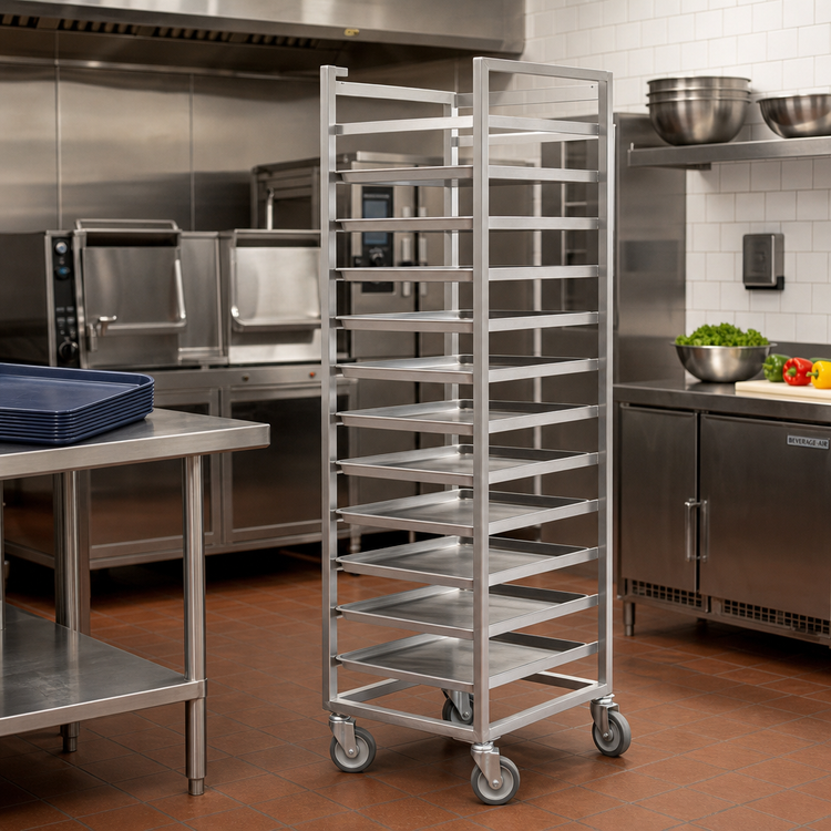 Product image #2 for Single-Section Stainless Steel Cafeteria Tray Rack for 14" x 18" Trays, End Load, 18-Tray Capacity, 64-Inch Height, 5-Inch Swivel Stem Casters