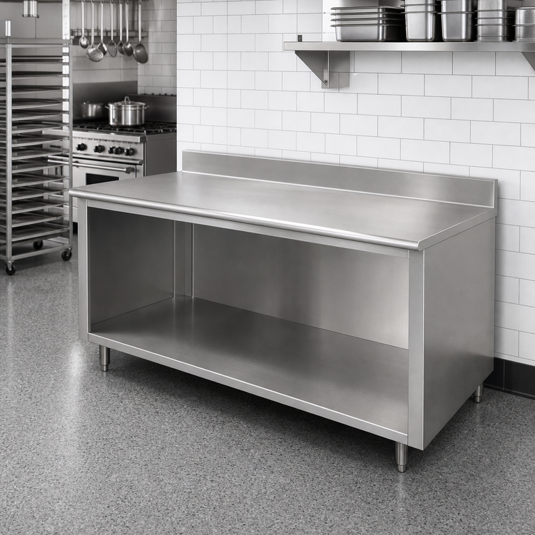 Product image #2 for Advance Tabco 120-Inch x 24-Inch Stainless Steel Open Front Cabinet Base Work Table with 5-Inch Backsplash