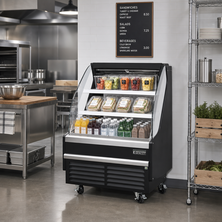 Product image #2 for Everest Refrigeration 37-1/4 Inch Wide Horizontal Open Display Merchandiser, 7.4 Cu. Ft., Self-Contained R290, Black
