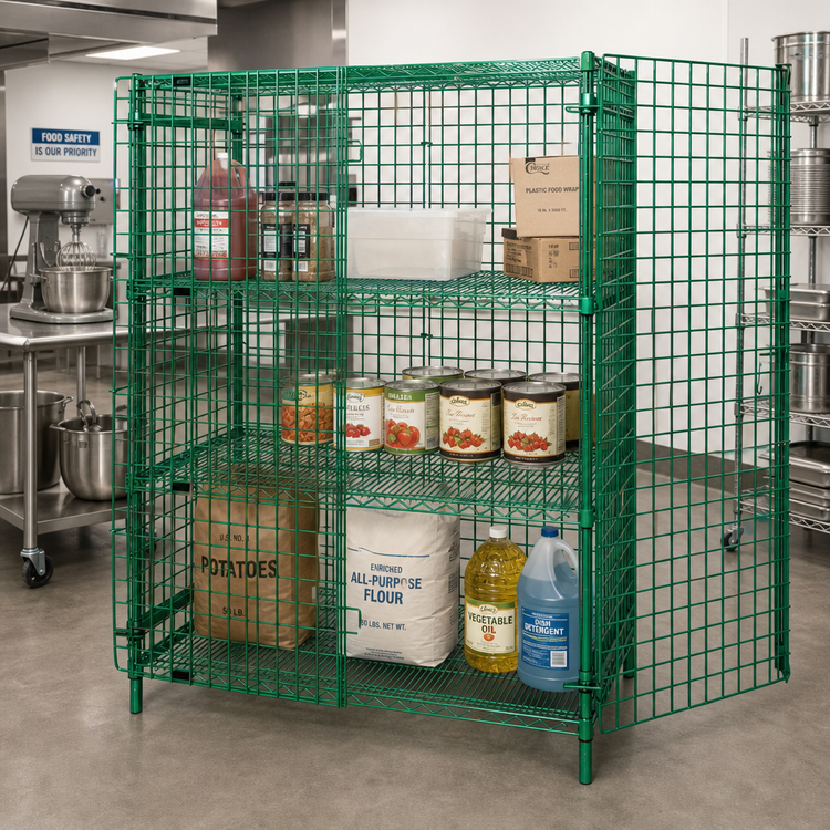 Product image #2 for Quantum Stationary Security Cage with 2 Intermediate Shelves, 60W x 24D x 63H, Green Epoxy Antimicrobial Finish