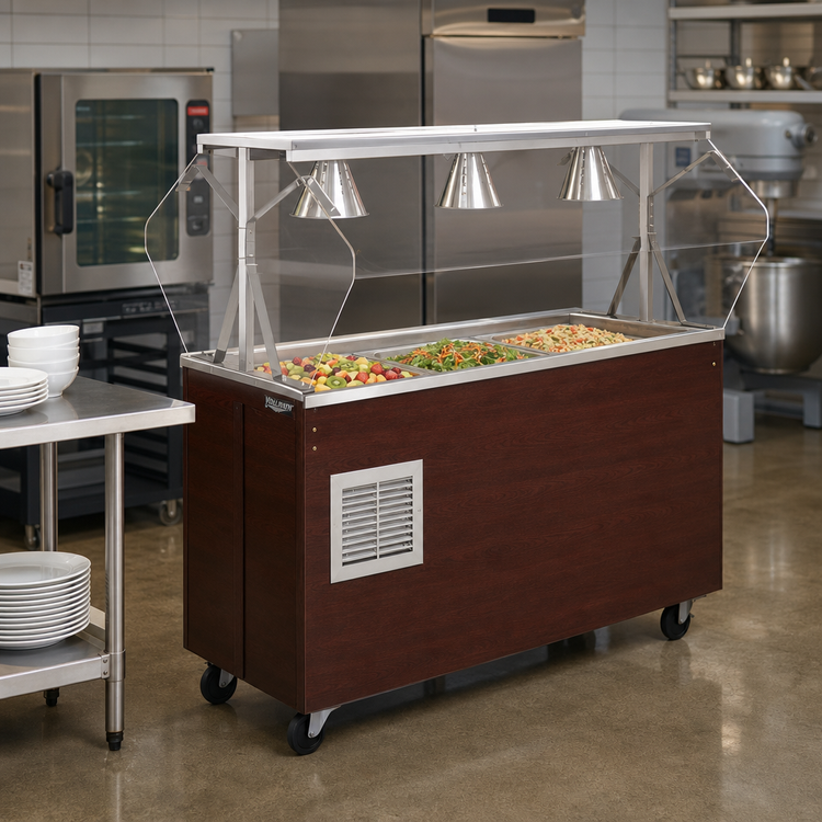 Product image #2 for Vollrath 2-Series Affordable Portable Refrigerated Cold Food Pan Buffet Station with Lights and Breath Guard, 3-Pan, Cherry Woodgrain, 120V