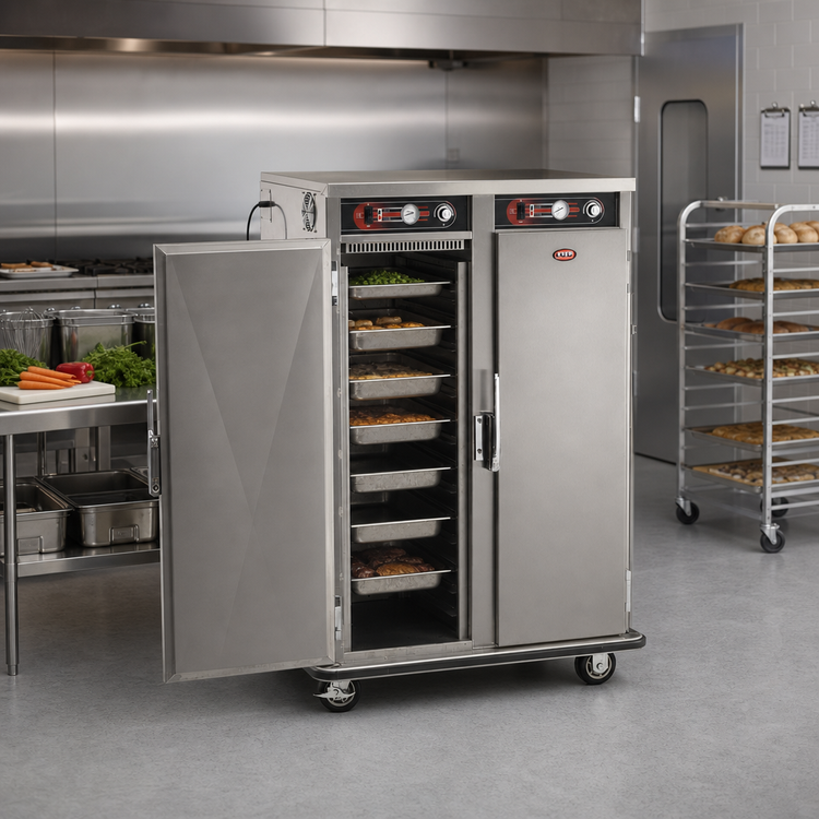 Product image #2 for FWE Mobile Split-Cavity Heated Holding Cabinet, Double Compartment, 32 Full-Size Pan Capacity