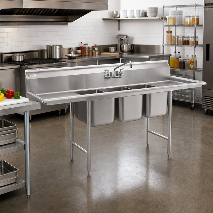 Product image #2 for Eagle Group 414 Series Coved Corner Three-Compartment Floor Model Sink with Dual 24-Inch Drainboards