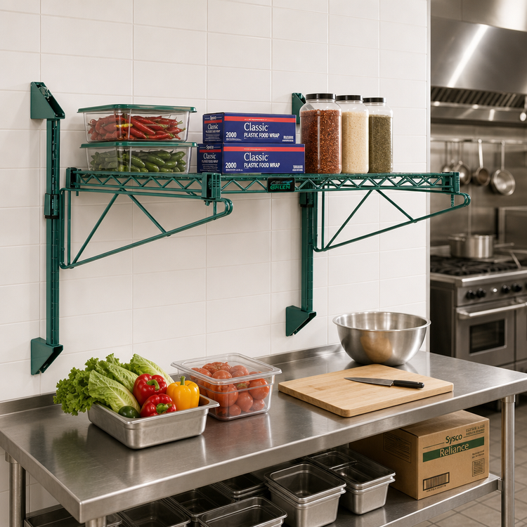 Product image #2 for Quantum WC14-CB2136P Cantilever Single Shelf Wall Mount — 36 Inches x 21 Inches Green Epoxy Antimicrobial Wire Shelf