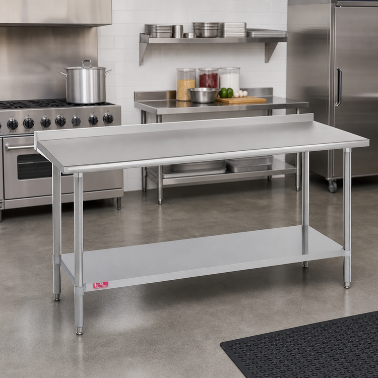 Product image #2 for Duke Deluxe 84 Inch x 24 Inch 16 Gauge 300 Series Stainless Steel Work Table with 1-1/8 Inch Riser and Galvanized Undershelf