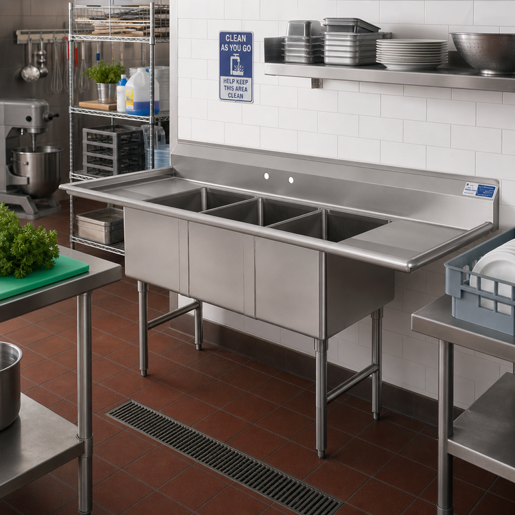 Product image #2 for Advance Tabco 3-Compartment Fabricated Sink with Dual 18-Inch Drainboards, 24 x 24 x 14 Bowls