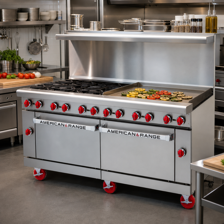 Product image #2 for Commercial Gas Restaurant Range with 48-Inch Griddle, 4 Open Burners, and 2 Convection Ovens