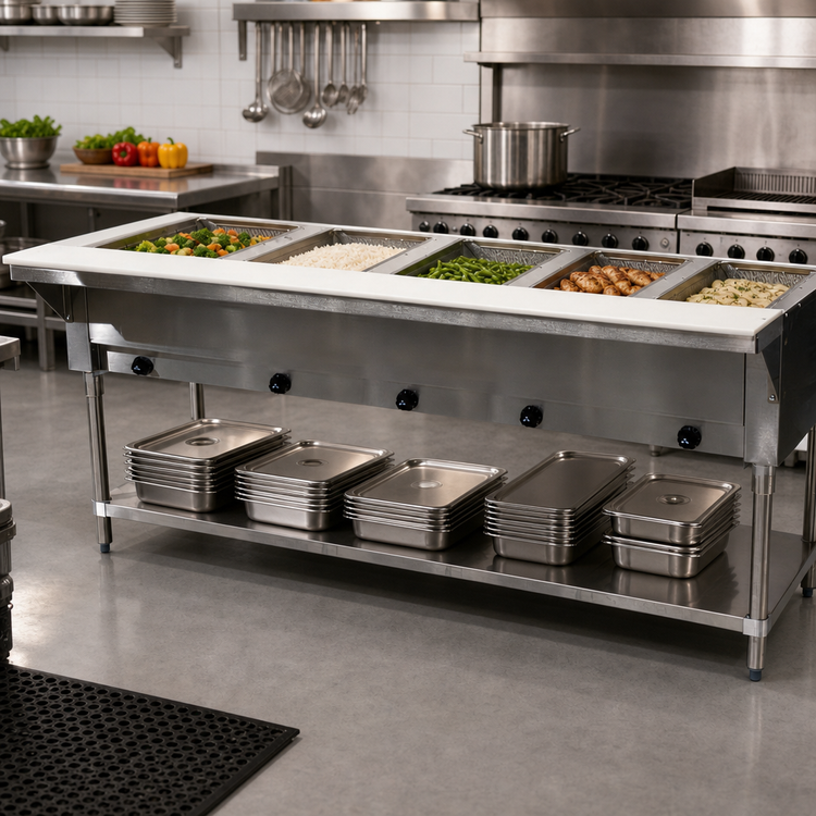 Product image #2 for Advance Tabco Triumph Supreme 5-Well Natural Gas Commercial Steam Table with Stainless Steel Undershelf and Cutting Board
