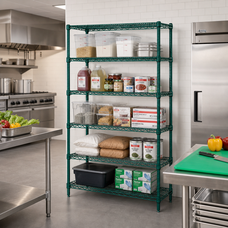 Product image #2 for Quantum 42"W x 14"D x 74"H Wire Shelving Starter Kit, 5 Shelves, Green Epoxy Antimicrobial Finish