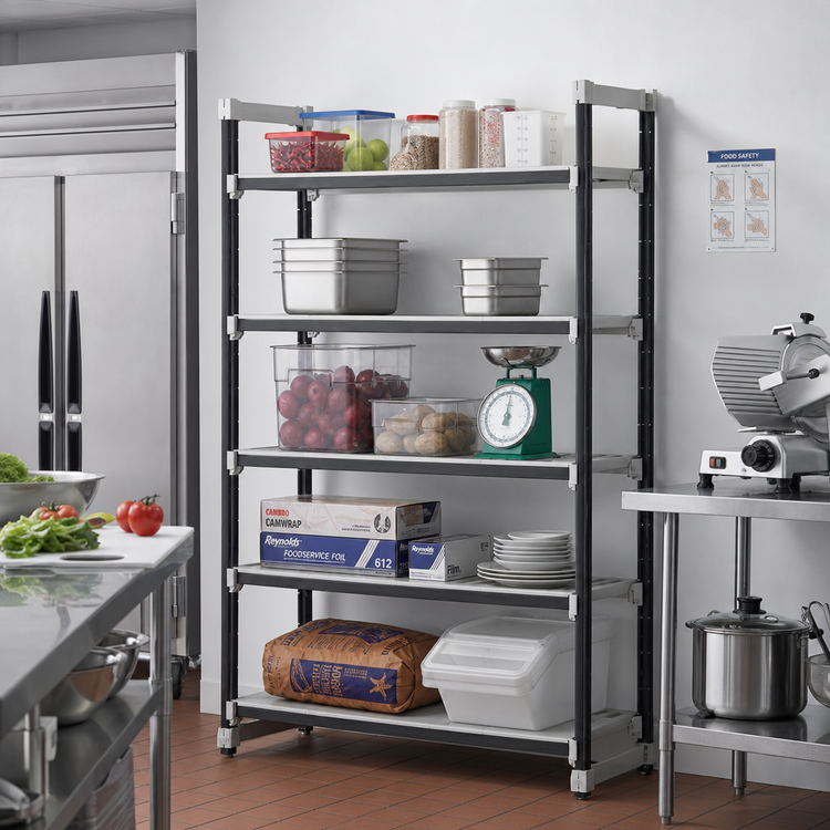 Product image #2 for Cambro Camshelving Elements XTRA 5-Tier Stationary Starter Polymer Shelving Unit, 42 x 18 x 84 Inches, Speckled Gray