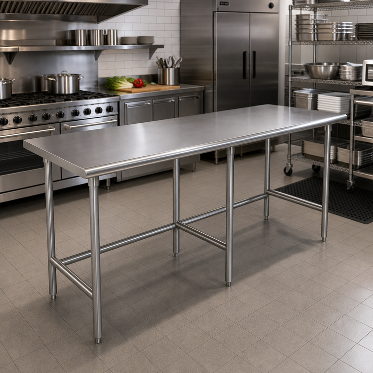 Product image #2 for Advance Tabco 120-Inch x 30-Inch 16-Gauge 304 Stainless Steel Work Table with Open Base and Crossrails
