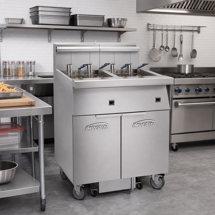 Product image #2 for Imperial Electric 3-Battery Floor Fryer with Built-In Space Saver Filter System, 75 lb. Tanks, Tilt-Up Elements