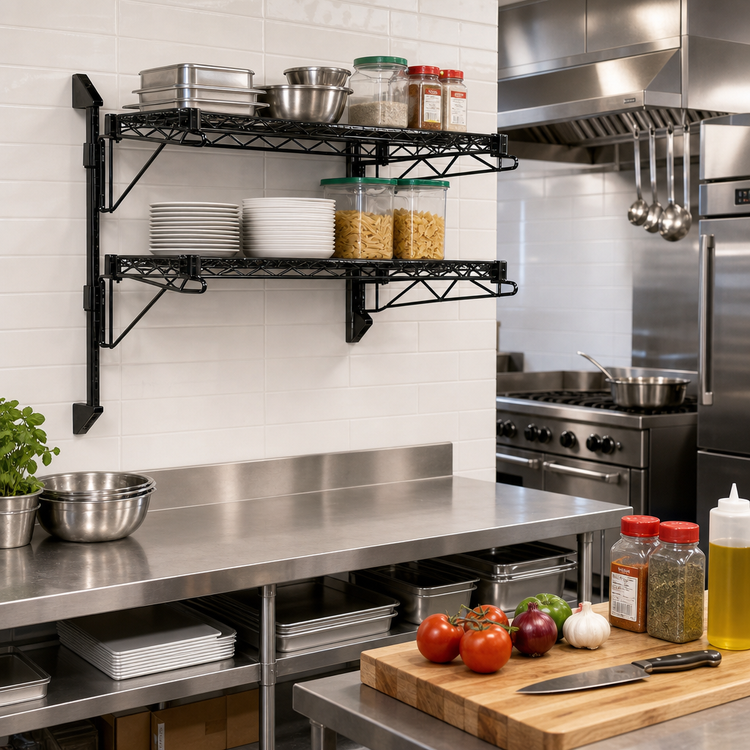 Product image #2 for Quantum Wall-Mount Cantilever Double Shelf Wire Shelving Unit, 24 x 12 Inches, Black Epoxy