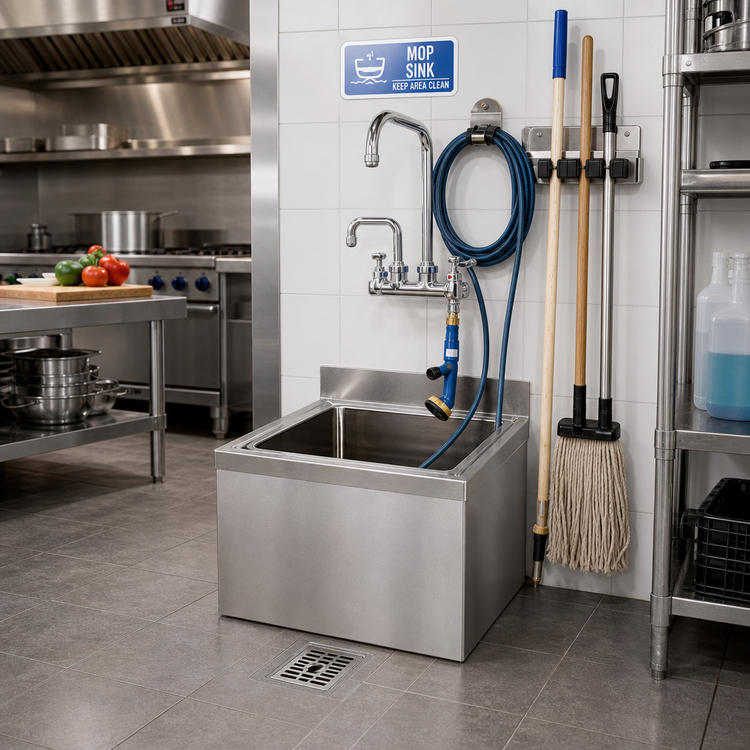Product image #2 for BK Resources 24" x 24" x 12" Floor-Mounted Stainless Steel Mop Sink Kit with Faucet, Hose, Tool Holder, and Drain
