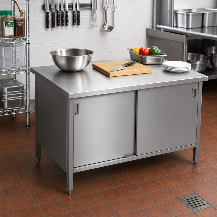 Product image #2 for John Boos Stainless Steel Enclosed Work Table with Sliding Door Cabinet Base, 36 x 24 Inch, 16 Gauge 300 Series Top
