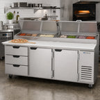 Thumbnail image #2 for Beverage Air DPD93HC-3 93-Inch Three-Section Pizza Prep Table with 2 Doors, 3 Drawers, and 19-Inch Cutting Board