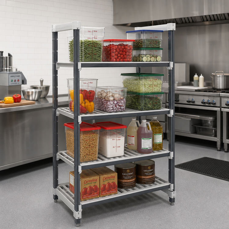 Product image #2 for Cambro Camshelving Elements XTRA 4-Tier Stationary Starter Polymer Shelving Unit, 24 x 72 x 64 Inches, Vented, Speckled Gray