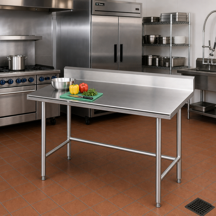 Product image #2 for Advance Tabco 60-Inch x 24-Inch 16-Gauge 304 Stainless Steel Work Table with 5-Inch Backsplash and Open Base