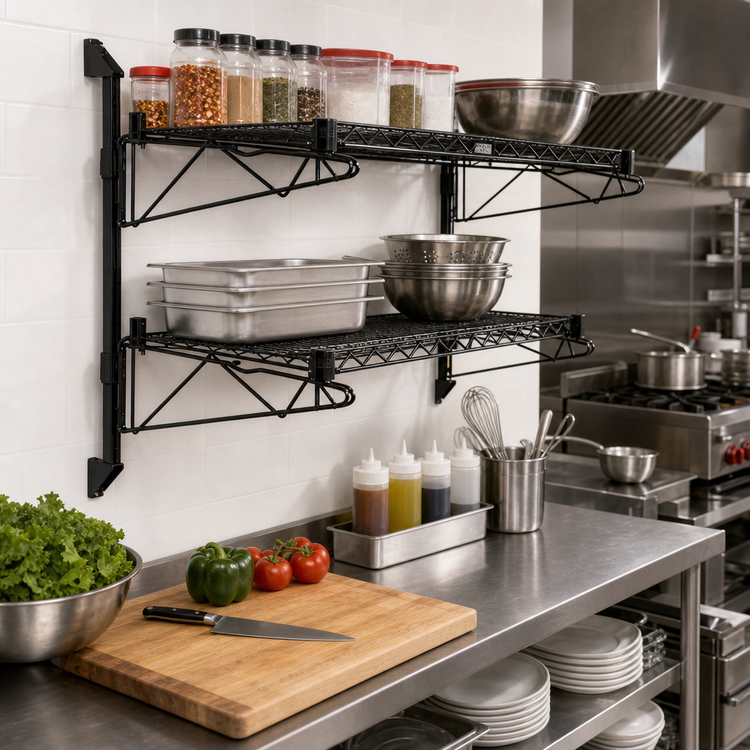 Product image #2 for Quantum Cantilever Double Shelf Wall-Mount Wire Shelving Unit, 2 Shelves, 48 x 14 Inches, Black Epoxy
