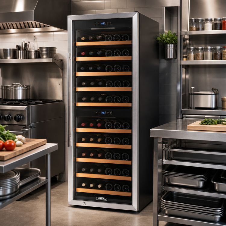 Product image #2 for Omcan Vinovero 180-Bottle Dual Zone Commercial Wine Cooler with Locking Stainless Steel-Framed Glass Door