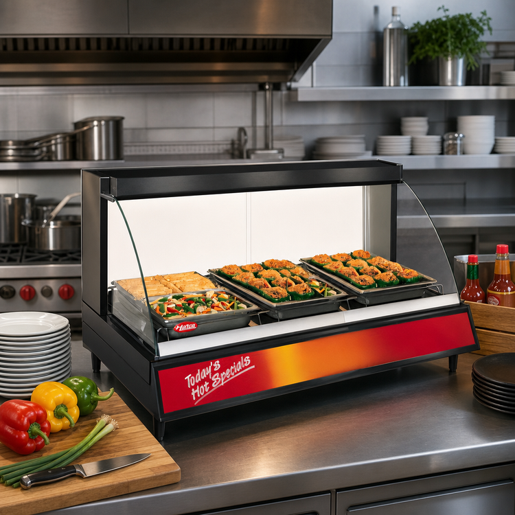 Product image #2 for Hatco Glo-Ray Designer Countertop Heated Display Case, Single Shelf, 3-Pan, Curved Glass