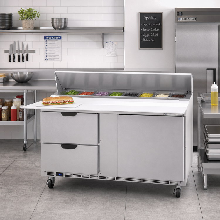 Product image #3 for Beverage-Air SPED60HC-16C-2 Two-Section Sandwich Prep Table with 17-Inch Cutting Board, 1 Door, 2 Drawers