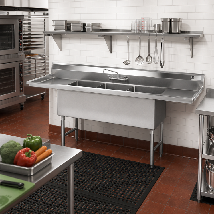Product image #2 for Advance Tabco 3-Compartment Fabricated Sink with Left and Right Drainboards, 30 x 24 x 14 Inch Bowls, 162 Inch Overall Length