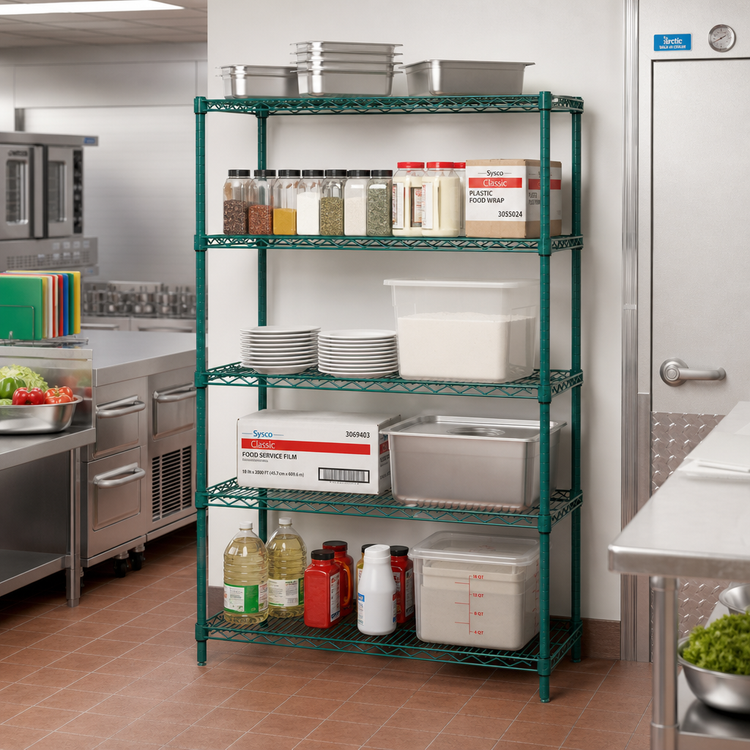 Product image #2 for Quantum Stationary Wire Shelving Starter Kit, 36 x 36 x 86 Inches, 5 Shelves, Green Epoxy Antimicrobial Finish