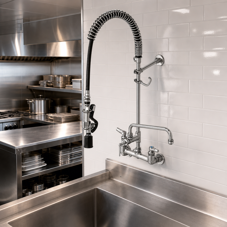 Product image #2 for Wall-Mount Pre-Rinse Unit with Add-On Faucet, 8-Inch Centers, 12-Inch Swing Spout, 44-Inch Hose