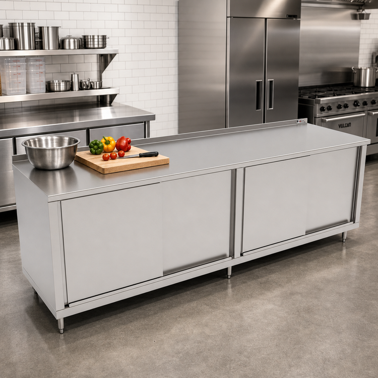 Product image #2 for John Boos 144"W x 36"D Enclosed Work Table with Sliding Doors, 14-Gauge Stainless Steel Top and 1-1/2" Rear Riser