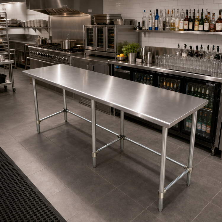 Product image #2 for 108 Inch x 24 Inch 18 Gauge Stainless Steel Underbar Work Table with Open Galvanized Base