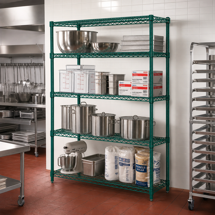 Product image #2 for Quantum Wire Shelving Starter Kit, 72"W x 36"D x 74"H, 5 Shelves, Stationary, Green Epoxy