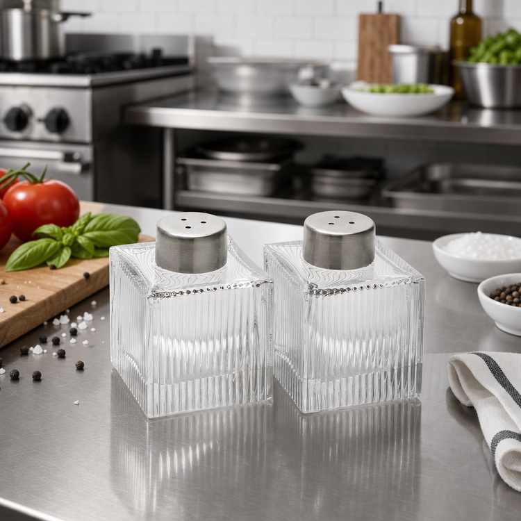Product image #2 for Vintage Ribbed Square Stainless Steel and Glass Salt & Pepper Shaker Set, 2 oz.