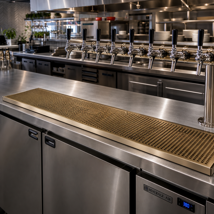 Product image #2 for Micro Matic Stainless Steel Surface Mount Drip Tray Trough with Perforated PVD Brass Screen, 51 Inch x 8 Inch